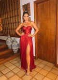 Fashion A Line Wine Red Split Prom Dress