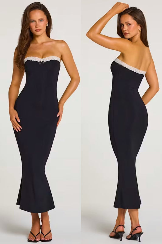 Modal Lace Trim Midaxi Dress In Black