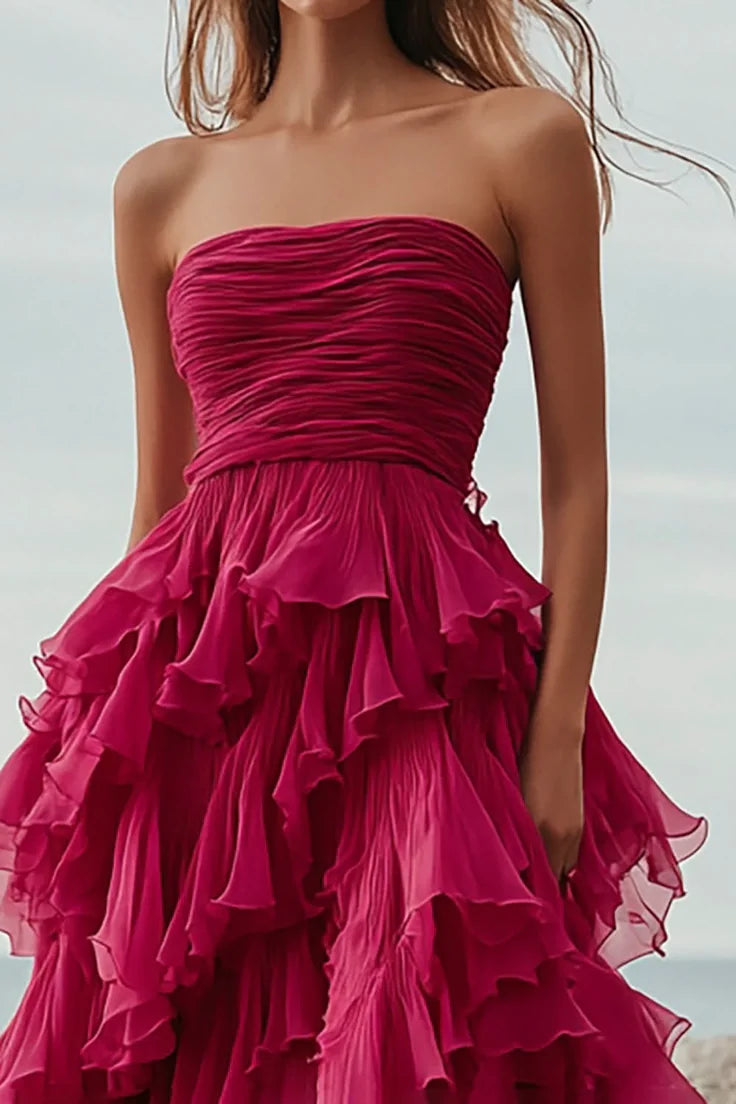 Fuchsia Tulle Tiered A Line Long Formal Dress With Ruffles Royal Blue