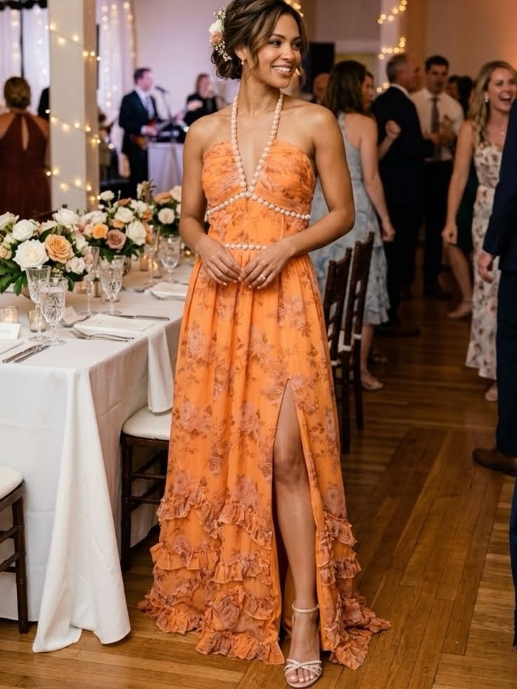Halter Style Orange Floral Ruffle Maxi Dress With Pearl Trim Color: