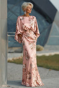 Women Floral Dusty Rose Long Mother Of The Bride Dress With Sleeves