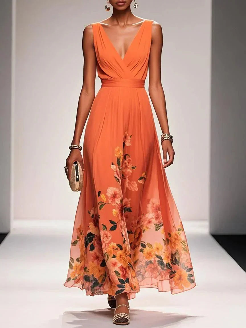 Isabella | Women's Floral Print Wedding Guest Dress Orange