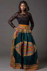 Green Dashiki Maxi Skirt Long African Print Skirt For Sale Africa