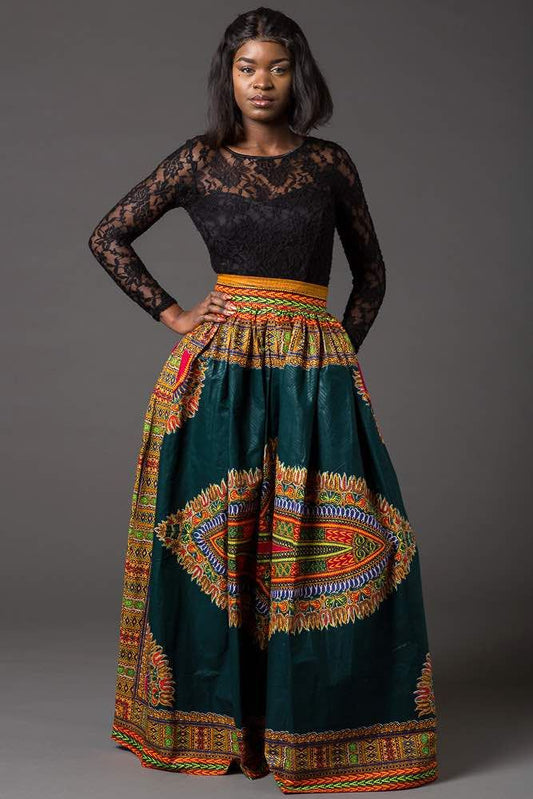 Green Dashiki Maxi Skirt Long African Print Skirt For Sale Africa