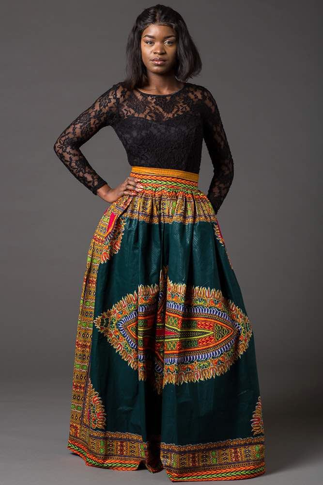 Green Dashiki Maxi Skirt Long African Print Skirt For Sale Africa