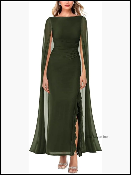 Sexy Elegant Long Sleeve High Split Mesh Ruched Formal Evening Party