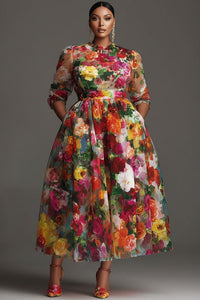 Xpluswear Design Plus Size Cocktail Party Multicolor Floral Round Neck