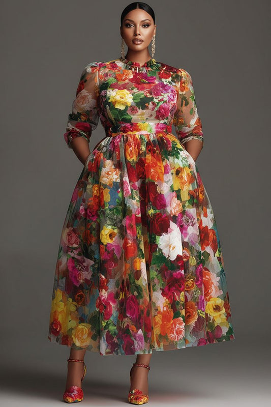 Xpluswear Design Plus Size Cocktail Party Multicolor Floral Round Neck
