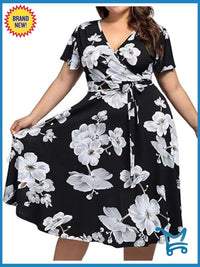 Plus Size V Neck Floral Midi Dress With Pockets Bundle Tie Waist