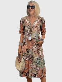 Yvonna | Elegant Floral Midi Dress Sandy Beige