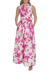 Jessica Howard Women's Sleeveless Floral Printed Tie Waist Gown,