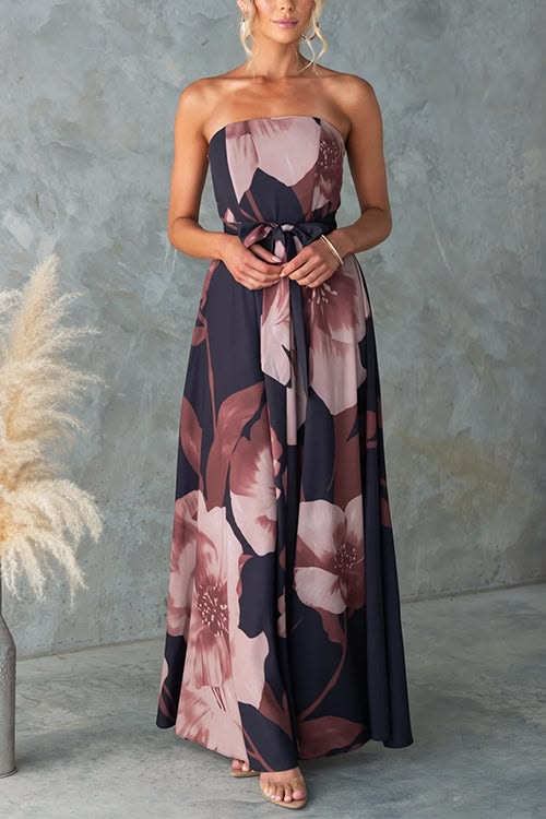 Strapless Tie Waist Floral Print Flowy Maxi Dress
