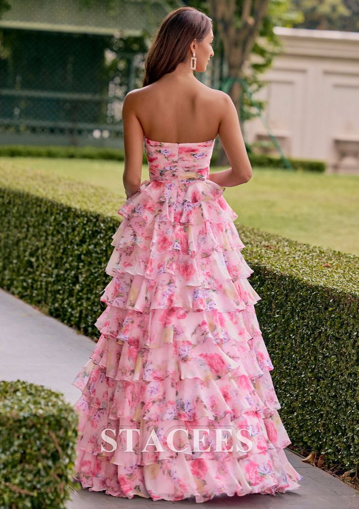 A Line Ruched Chiffon Floral Print Strapless Ruffle Prom Dress With