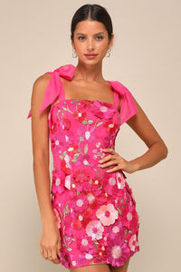 Emphatically Adorable Hot Pink Floral Tie-Strap Mini Dress