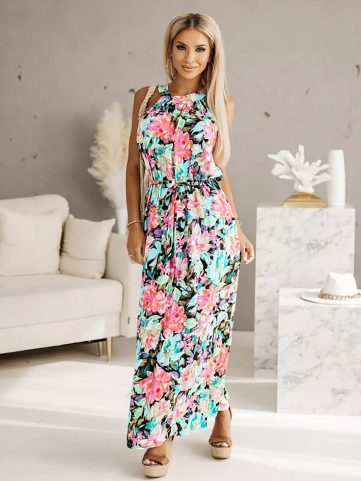 Printed Sleeveless Maxi Dress White