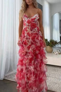 Oil Painting Floral Tie Backless Slit Satin Maxi Dress