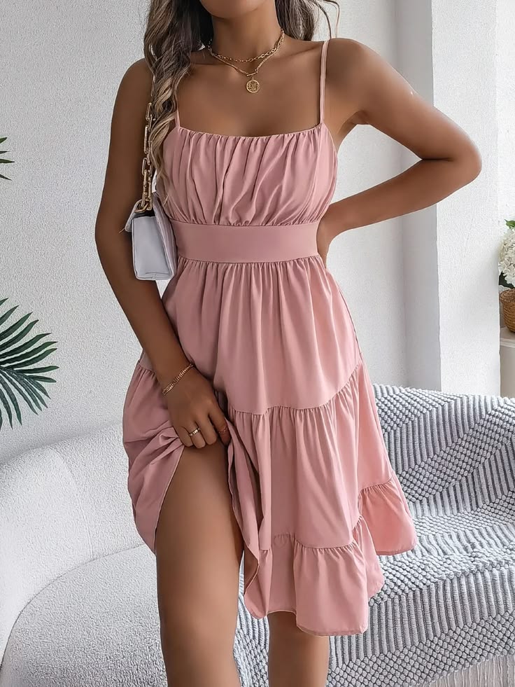 Smocked Back Tiered Cami Dress Dusty Pink