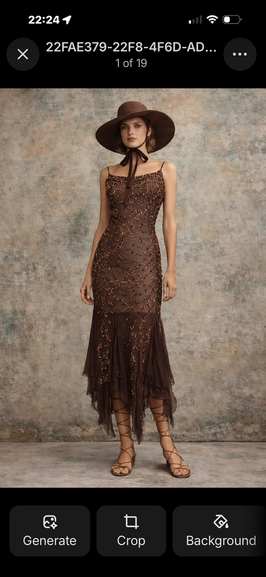 Tory, 90s beaded brown bias cut chiffon handkerchief dress