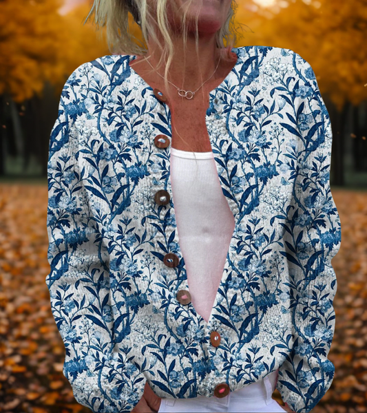Mary | Floral Design Cardigan BlueWhite