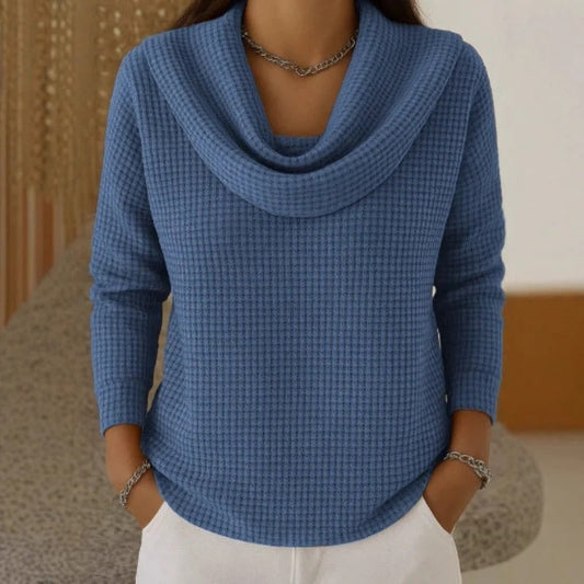 Lowenna - Warm Waffle Jumper with Waterfall Neck – Blue
