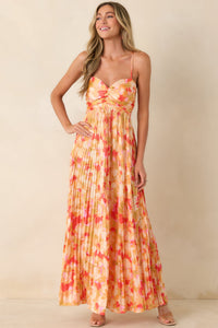 Painted in Sunshine Peach & Red Multi Satin Finish Pleated Maxi Dress