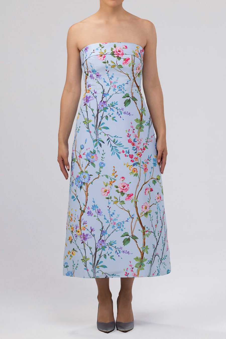 Lucie Garden Reverie Silk Faille A-Line Midi Dress in Light Blue Floral