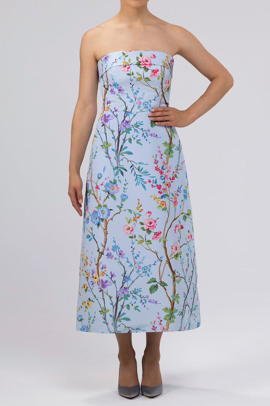 Lucie Garden Reverie Silk Faille A-Line Midi Dress in Light Blue Floral