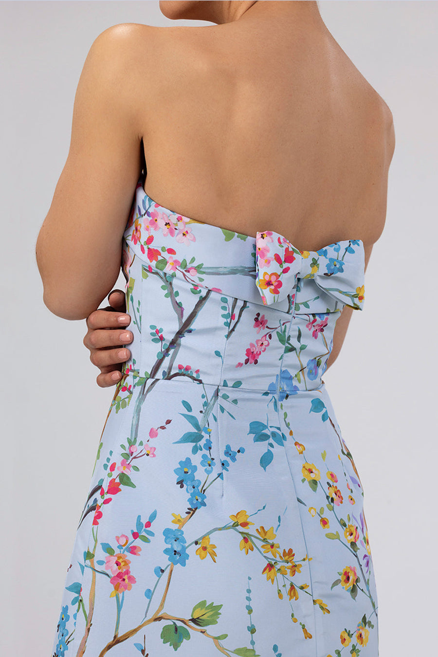 Lucie Garden Reverie Silk Faille A-Line Midi Dress in Light Blue Floral