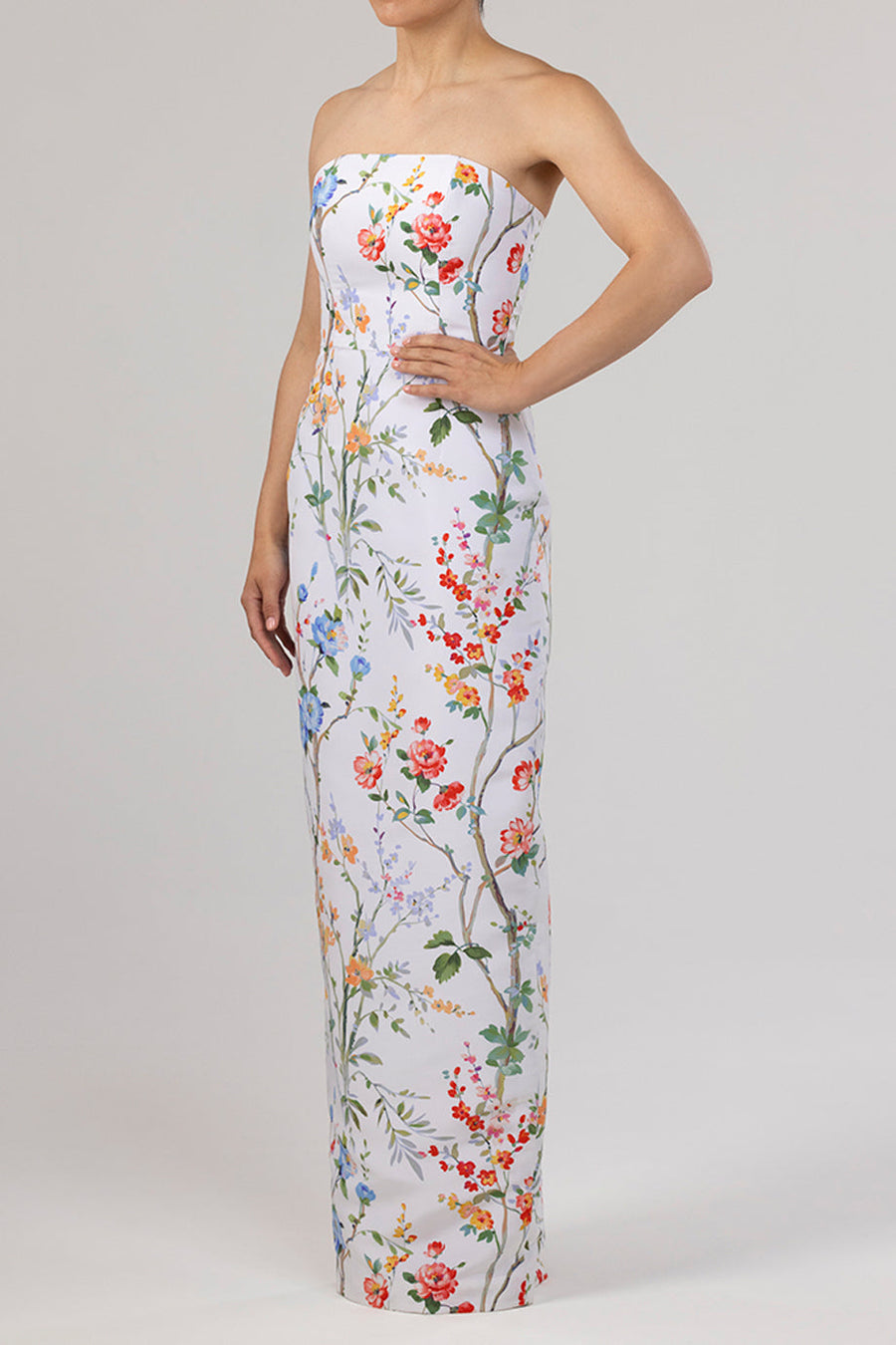 Elizabeth Garden Reverie Silk Faille Column Gown in White Floral