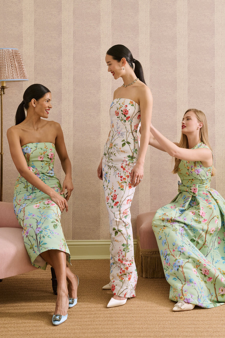 Elizabeth Garden Reverie Silk Faille Column Gown in White Floral