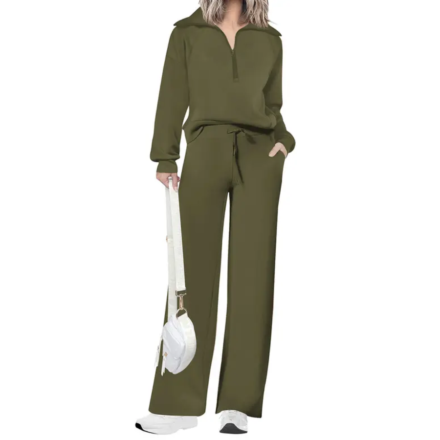 Reverie - Cozy Zip-Up Wide Leg Sweatsuit Set