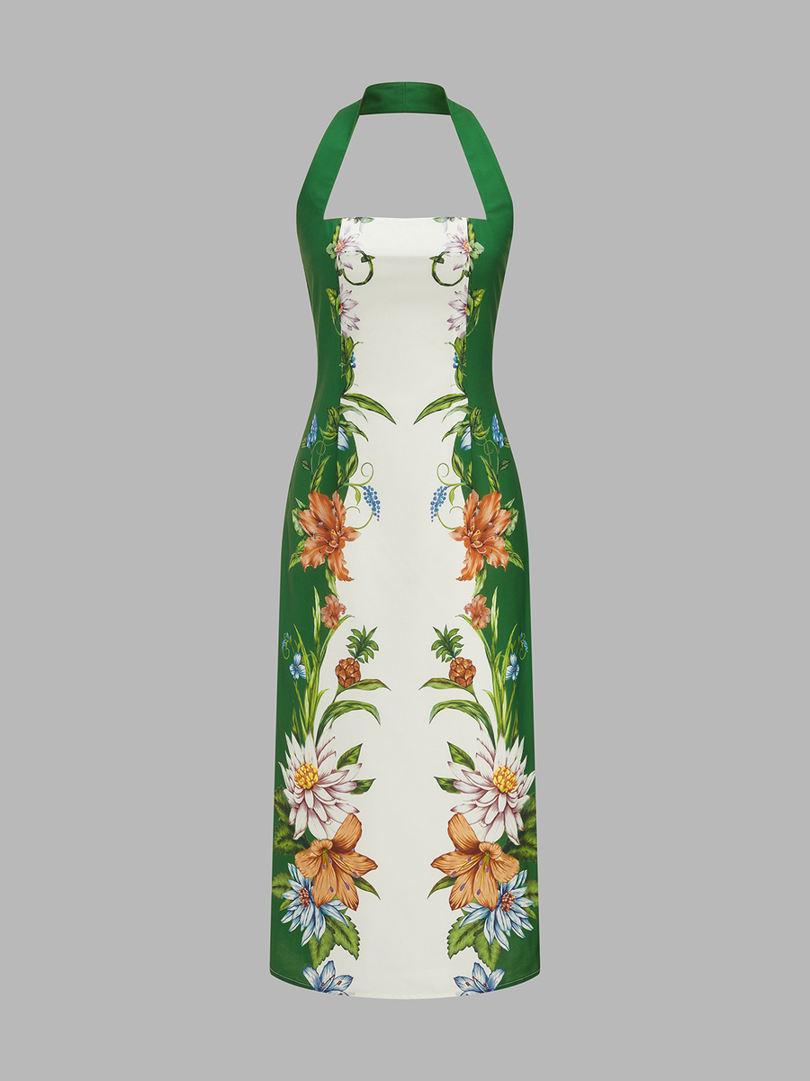 Vintage Botanical Print Halter Midi Dress