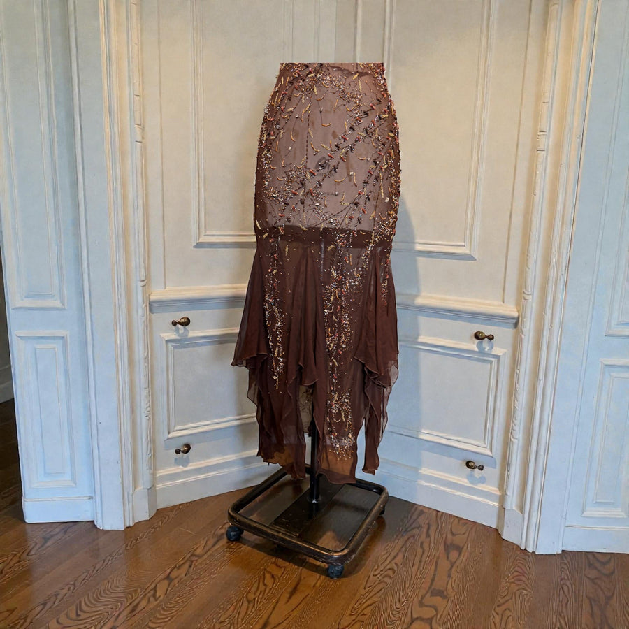 Tory, 90s beaded brown bias cut chiffon handkerchief dress