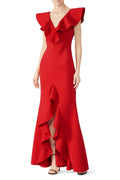 Red Ruffle V-Neck Gown