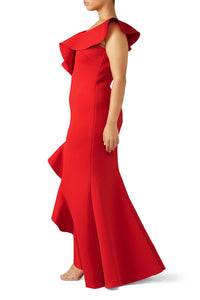 Red Ruffle V-Neck Gown