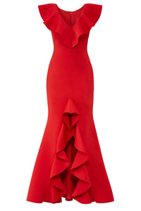 Red Ruffle V-Neck Gown