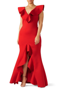 Red Ruffle V-Neck Gown
