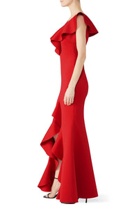 Red Ruffle V-Neck Gown