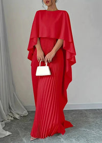 Makayla | Womens Wedding Guest Pleated Cape Maxi Dress Red