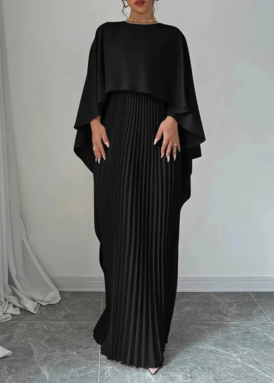 Makayla | Womens Wedding Guest Pleated Cape Maxi Dress Black