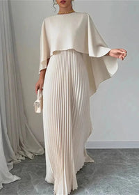 Makayla | Womens Wedding Guest Pleated Cape Maxi Dress Beige