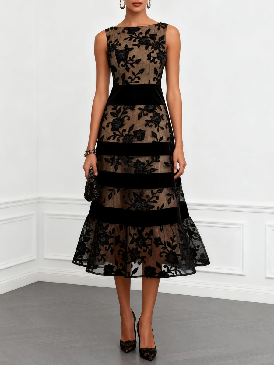 Bridget - Black Mesh Floral Sleeveless A-Line Midi Dress