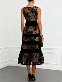 Bridget - Black Mesh Floral Sleeveless A-Line Midi Dress