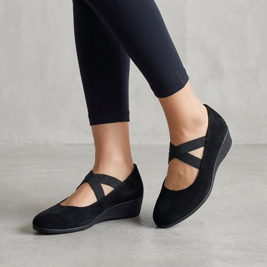 Natalie | Womens Orthopedic Criss-Cross Strap Wedge Flats Black