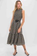 Black Leafy Floral Smocked Seaton Midi Dress