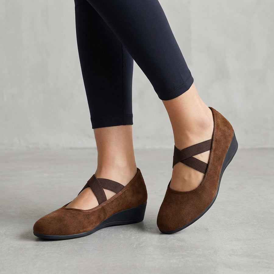Natalie | Womens Orthopedic Criss-Cross Strap Wedge Flats Brown
