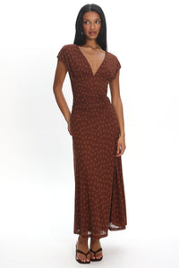 Novia Ruched Bodice Maxi Dress Embroidered Chocolate