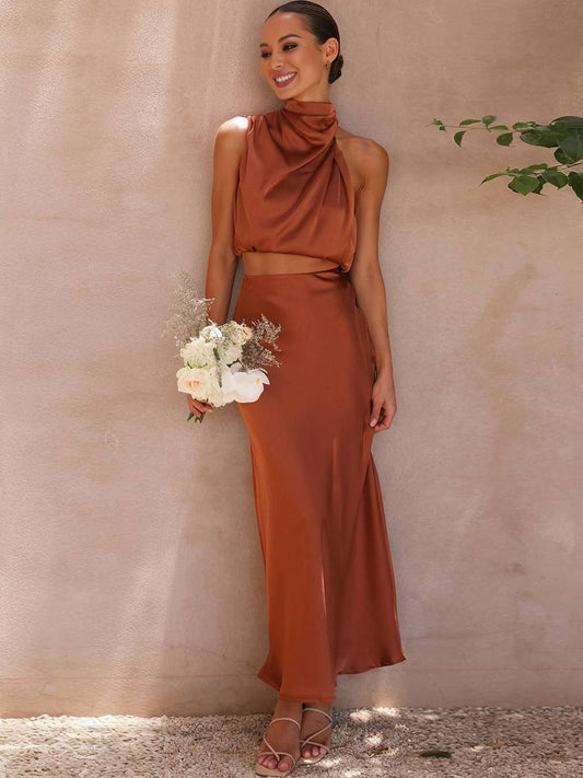 Raffaella | Women's Halter Neck Crop Top Maxi Skirt Set