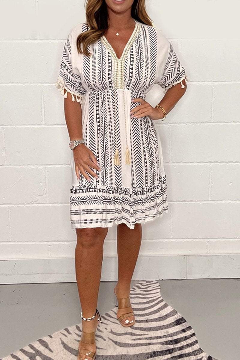 Emily | Womens Boho Printed Tassel Mini Dress Gray