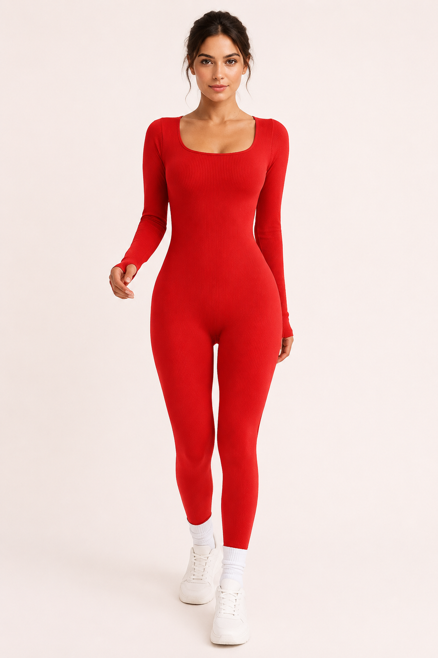 Adelinde Ribbed Long-Sleeve Jumpsuit